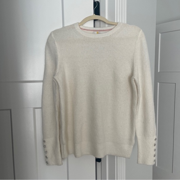 Boden Ivory Crewneck Crystal Button Cuff Knit Pullover Sweater - Picture 1 of 5